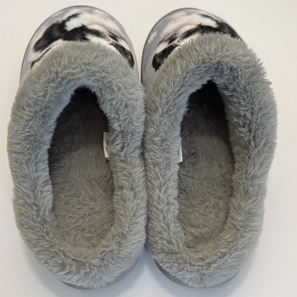 Snuggs Shitzu Dog Print Fluffy Gray Slippers New No Tags - Picture 6 of 8